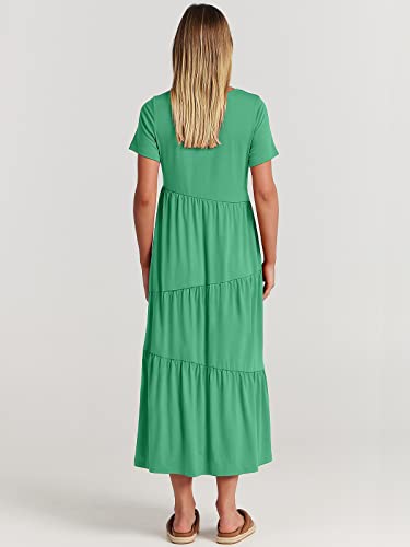 Image of ANRABESS Women Summer Maxi Dress Short Sleeve Swing Casual Asymmetric Tiered Vacation Long Beach Sundress Outfits Grass Green Medium