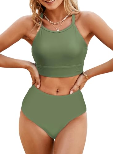 Image of Herseas Women's Bikini Sets High Neck Tropical Leaf Print High Waisted Two Pieces Swimsuits Bathing Suits