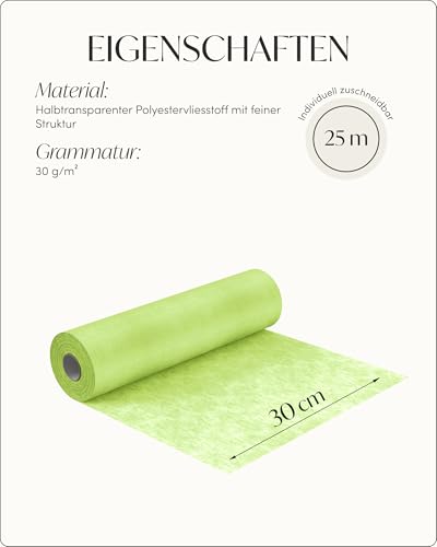 100%Mosel Vlies Tischläufer, in Pastell Grün (30 cm x 25 m), dekoratives Tischband, edle Tischdeko für Geburtstage & Hochzeiten, Bunte Dekoration zu besonderen Anlässen