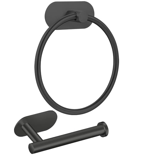 Toallero Autoadhesivo y Soporte para Papel higiénico, Juego de Accesorios de baño de Acero Inoxidable, Accesorios de baño Resistentes para baño o Cocina, montado en la Pared, Color Negro