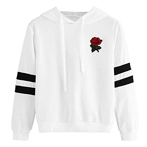 F Gotal Women Applique Rose Striped Drawst Hoodie Sweatshirt Striped Sleeves Jumper Crop
