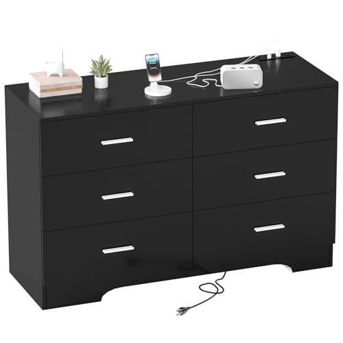 GEPELCN Dresser for Bedroom Black Drawer with Power Outlets Wood 6 Drawer Dresser with Large Organizer Tall Modern Chest of Drawers Close for Bedroom Living Room Kids Room Hallway