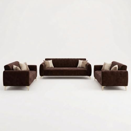 Image of Habibi Rich Velvet Suede 3+2+2 Seater Sofa Set | Spacious Soft Touch Comfort Seating | 7 Person Seating | Modern Living Room Sofa Set (Dark Brown)