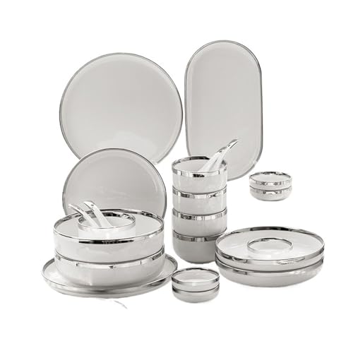 Juego De Vajilla Platos de cerámica blanca brillante con borde plateado, plato for servir bistec, cuencos, vajilla porcelana for hotel familiar(2 person set)