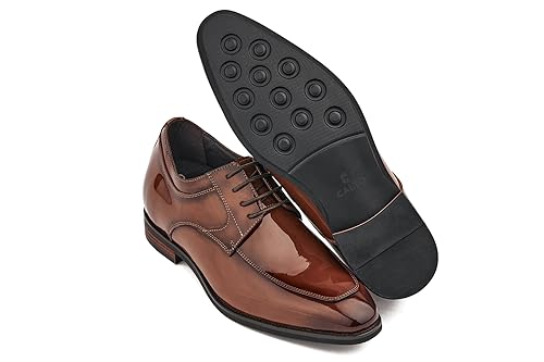 Image of CALTO Men's Invisible Height Increasing Elevator Shoes - Caramel Brown Patent Leather Lace-up Formal Dress Oxfords - 2.8 Inches Taller - K2711 - Size 6.5 D(M) US
