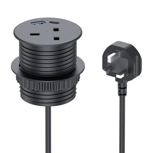 BQO Built-in Socket with USB, Retractable Socket with 1 USB-A, 1 USB-C for Worktop Kitchen, 2 m Cable Desk Power Grommet 60 mm for Home Office(Black)