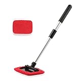 JUSTTOP Windshield Cleaning Tool, Car Window Cleaner with Unbreakable Extendable Long-Reach Handle and Washable Reusable Microfiber Cloth, Car Exterior Accessories, Red