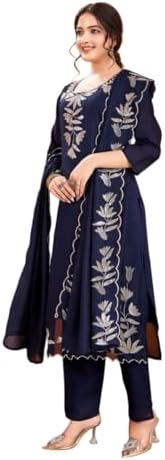Women's Beautiful Heavy Premium Vichitra Silk Stitched Flared Regular Kurta with Pant and Embroidered Work Dupatta Sets for Any Occasion for Women (IN, Alpha, 4XL, Regular, Women, Blue)