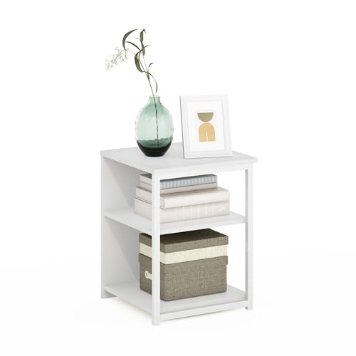 Image of Furinno CAMNUS Side Table, 2-Tier Modern Metal Frame End Table with Open Shelf, Night Stand, Bedside Table, for Living Room, Bedroom, White