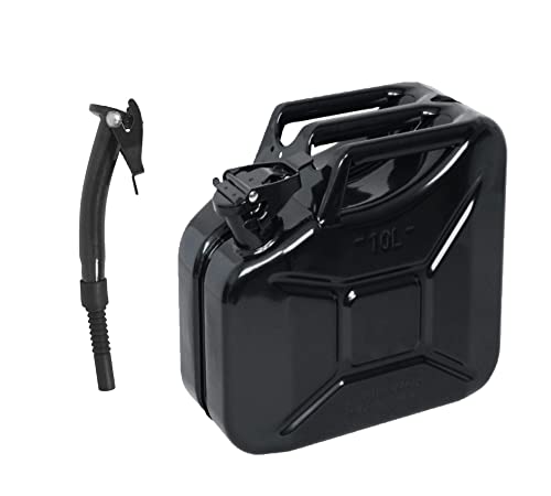 10L Black Metal Jerry Can with Spout - Fuel Storage Container for Petrol & Diesel
