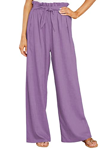 CHARTOU Women's Elastic High Waist Loose Fit Wide Leg Cotton Linen Lightweight Beach Palazzo Pants