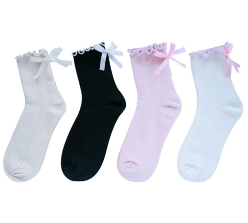 Image of Womens Bow Socks Ruffle Casual Crew Black Whitte Soft Breathable Cotton 4 Pairs Socks