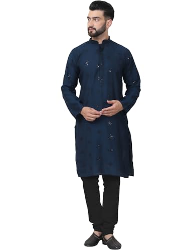 Image of SOJANYA (Since 1958 Men's Cotton Silk Sequinned Neck Embroidered Kurta with Black Pyjama