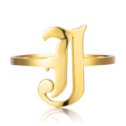 ZRAY Letter Rings for Women Personalized Rings Initial Rings 18K Gold Plated Adjustable Old English Name Rings A-Z Bridesmaid Gift for Girls (Gold-J)