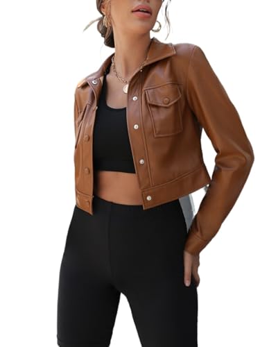 EFJONE Womens Clothes Fall Fashion 2023 Pocket Button Front Regular Sleeve Cropped PU Jacket Long Sleeve casual Jackets