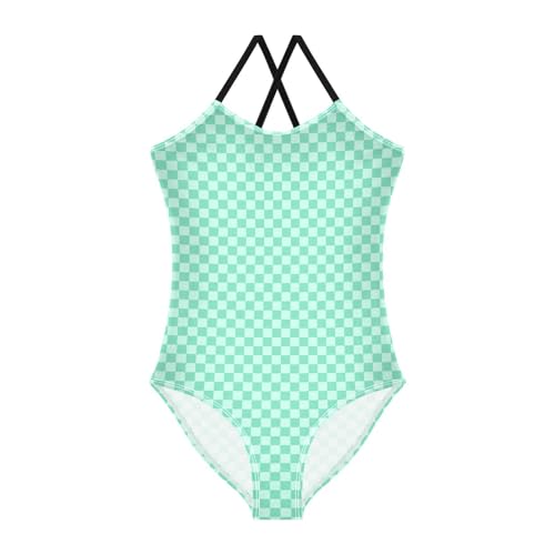 Image of Black and White Chess Girls One Piece Swimsuits Board Marble Tile Sport Halter Swimwear Beach Bathing Suit 3T