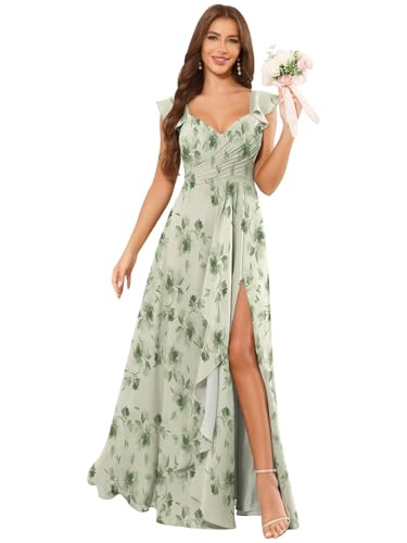 Ruffle Chiffon Bridesmaid Dresses for Women Flutter Cap Sleeve Long Formal Evening Dress with Slit