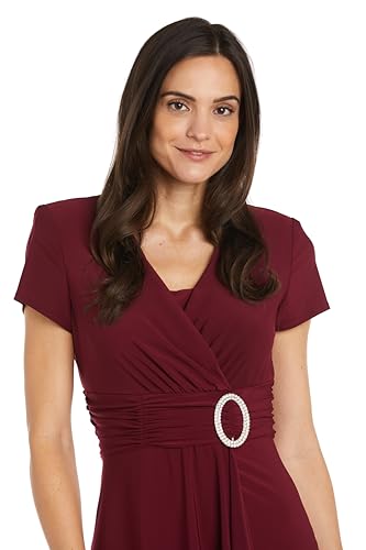 Image of R&M Richards Women's Cascade Wrap Dress with V-Neck & O-Ring Rhinestone Buckle, Work to Weekend Short Sleeve Flowy Silhouette