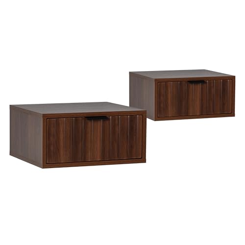 HOMN LIVING Juego 2 mesitas de Noche flotantes Lluvia 1 cajón Color Nogal, 40 cm (Ancho) 35 cm (Profundo) 19 cm (Altura)