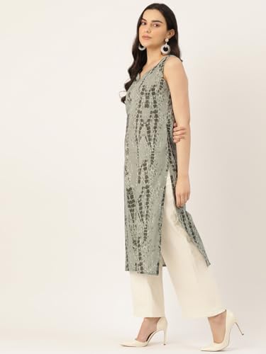 Image of feranoid Women's Pure Cotton Floral Print Straight Kurti | Elegant Curved V-Neck | Sleeveless Calf-Length Ethnic Wear | Comfortable Regular Fit | Sizes XS-XXL