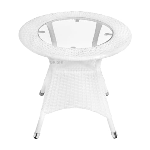 Image of BRISHI 3-Piece Outdoor Rattan Wicker Patio Coffee Table Set with White Cushion | Garden Furniture for Balcony, Terrace, Poolside & Porch | Waterproof Bistro Sets for Home & Backyard (White)