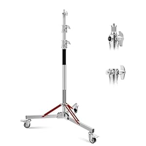 Heavy Duty Light Stand with Casters 100% Stainless Steel 30kg/66lb Load Bearing Adjustable 130/4.3ft – 305CM/10ft Photography Light Stand with Wheels for Photography Studio Softbox, Monolight (Silver)