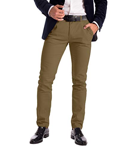 Mens Stretch Chino Trousers Designer Slim Fit Jeans Pant Cotton Spandex Bottom (Khaki, 34 Waist x 32 Length)