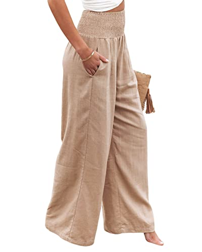 utcoco Womens Wide Leg Linen Palazzo Pants Casual Elastic Waisted Loose Fit Trousers2