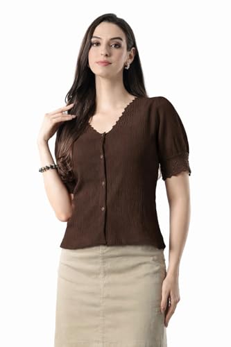 Image of Women V Neck Top with Button Front Puff Sleeves Crochet Lace Trim | Breathable Casual Blouse Shirt for Women | Summer Crop Top for Girls | Daily use Office College