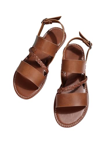 GORGLITTER Women's Leather Open Toe Braided Ankle Strap Sandals Dressy Summer Beach Vacation Flat Sandals 2025