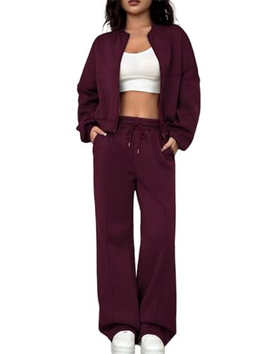 LovelyWholesale Women Sweatsuits 2 Piece Set Zip Up Sweatshirt and Wild Leg Sweatpants Set3