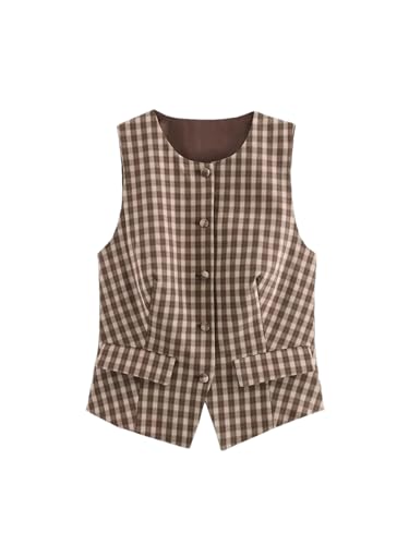 Women's Office Plaid Suit Single Breasted Sleeveless Blazer Zipper Straight Shorts