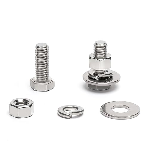 (12 Sets) 3/8-16 x 1 Hex Head Screw Bolt, Nuts, Flat Washer &amp; Spring Lock Washers, 18-8 (304) Stainless Steel, Fully Threaded, by Skvltvfyt