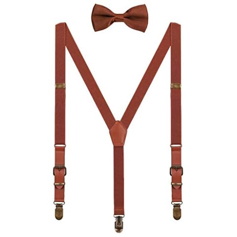 WANYING Braces Bow Ties Set for Baby Children Boys Girls 1-8 Years Old Retro PU Leather 3 Clips 2cm Y-Back Suspenders Elastic Adjustable - Brown Cover