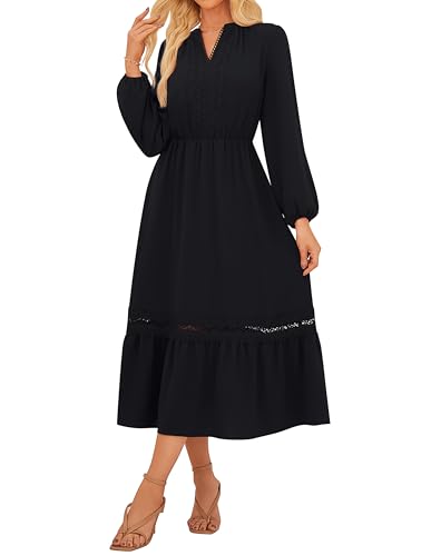 GRACE KARIN Lässiges Wickelkleid mit V-Ausschnitt für Damen Lange Laternenärmel Party- und Club-Midikleid mit Taschen Schwarz M
