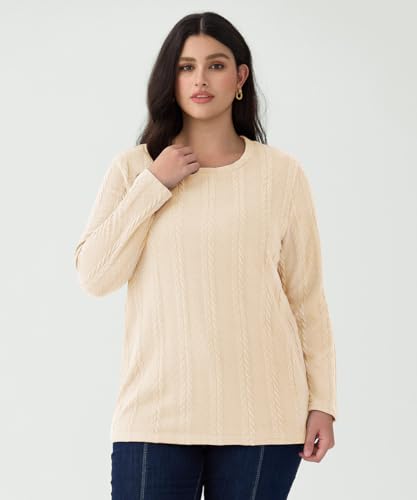 Image of CARCOS Womens Plus Size Tops Basic Fall Cable Knit Sweaters Long Sleeve Shirts Crewneck Lightweight Tunic Tops XL-5XL
