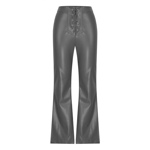 NATHGAM Womens Faux Leather Pants Lace Up Front Flare Pants High Waisted Straight Leg Bell Bottom PU Slim Leather Skinny Pant3