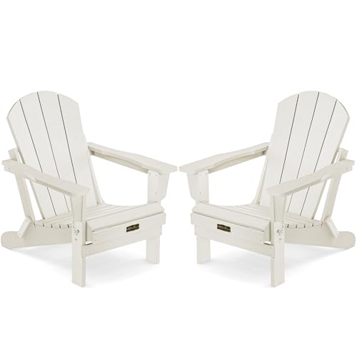 SERWALL Folding Adirondack Chair Set of 2, All Weather Patio Chair with Wood Texture, Fire Pit Chairs for Outdoor - White