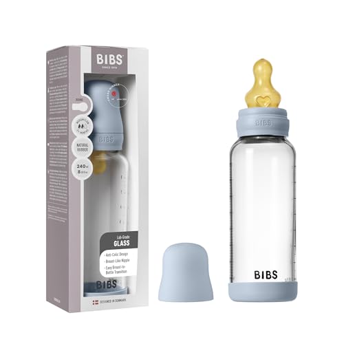 Image of BIBS Baby Glass Bottle. 8 US fl oz / 240 ml. Anti-Colic. Vented Round Natural Rubber Latex Nipple. Supports Natural Breastfeeding, Medium Flow, Complete Set - Baby Blue