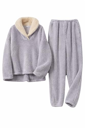eBoutik - Womens Teddy Sherpa Pyjama Set Fluffy Fleece Loungewear Twosie Soft Warm Sleepwear Set Cosy Home Wear Size 8 (Grey (S))