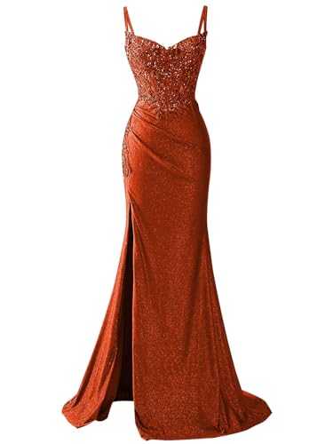 GUKARLEED Women’s Glitter Satin Prom Dresses Spaghetti Straps for Evening Formal Party with Slit Long V Neck Sequin Dress