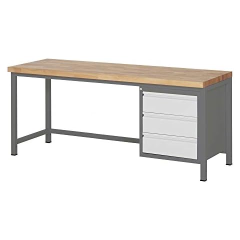 STIER Höhenverstellbare Werkbank Premium, 3 Schubladen, 200x70x84-104cm, Stahl und Buche Cover