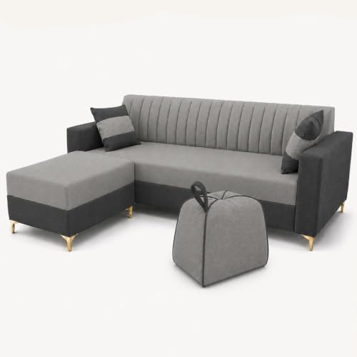 Image of FURNY Signature Regalia 4-Seater L-Shape Sofa Set with Movable Ottoman & Suri Pouf | Flexible LHS /RHS Layout | Boston Fabric | 40D Foam + Zigzag Spring | 3-Yr Warranty (Steel Grey - Light Grey)