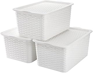 Dicunoy 3 Pack Lidded Storage Bins, Stackable White PlasticContainers, Small Storage Basket with Lid and Handle for Bathroom, Kitchen, RV, Toys, Pantry, Classrooms, 28cm x 18cm x 10cm