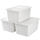 Dicunoy 3 Pack Lidded Storage Bins, Stackable White PlasticContainers, Small Storage Basket with Lid and Handle for Bathroom, Kitchen, RV, Toys, Pantry, Lockers, Classrooms, School, 11 x 7 x 5 inch