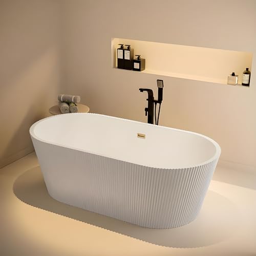 Image of INFINITY Freestanding Bathtub 150 cm - White Glossy Acrylic Soaking Tub with Attractive Outer Grid Design, Overflow Drain, Brass Pop-Up Waste Coupling & Waste Pipe, 6-Layer Reinforced