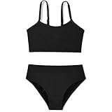 Zando Ribbed Black 2 Piece Swimsuits for Teen Girls Kids Size 10-11 Years - High Waisted Adjustable Strap with Padding Bikini Set for Summer Beach Swimming Sport Cute Bathing Suit Solid Swimwear