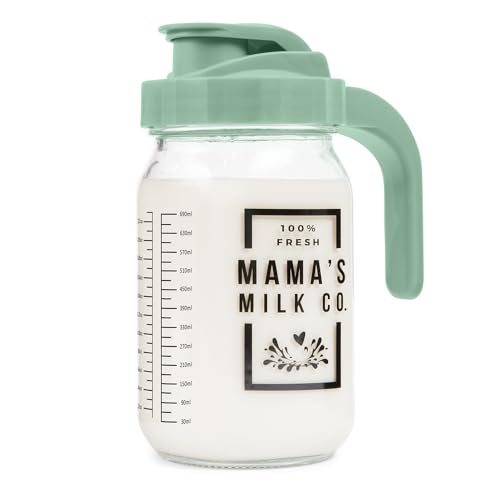 Image of Breast Milk Pitcher with Leak Proof Pop Top Lid - Easy Pour Mason Jar Breastmilk Pitcher for Fridge – Glass Jug with Spout for Formula, Preparing Bottles, and Breast Milk Storage – Family-Owned Brand