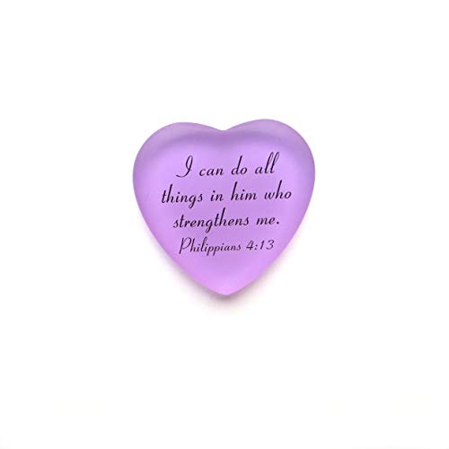 Lifeforce Glass Scripture Heart with Pouch, I can do All Things in him who Strengthens me. (Lilac)