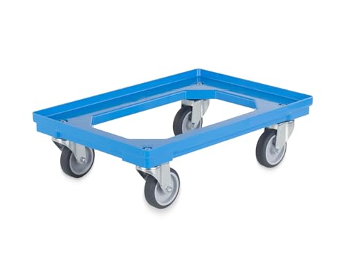 Transportroller für Eurobehälter 60 x 40 cm | 4 Lenkrollen | ABS-Gestell | Euroroller | Transporthilfe für Stapelboxen | Kistenroller (Blau)